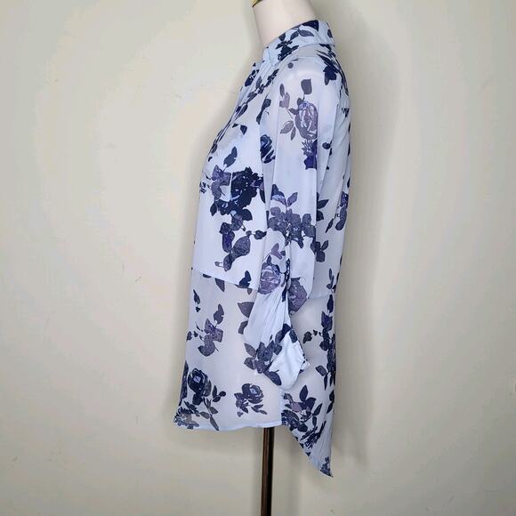 Candies Blue Floral Hi Lo Button‎ Up Roll Tab Sleeves Flowercore Bloomcore XS - Picture 2 of 7